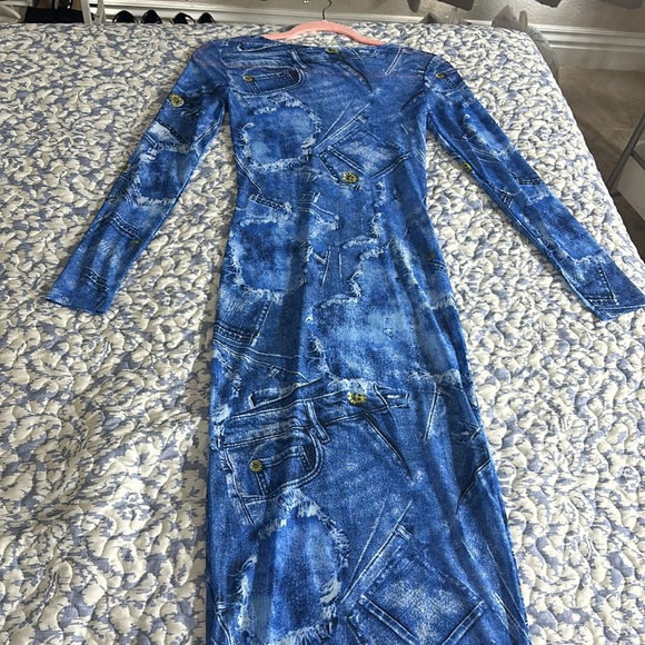 Fashion Nova Delilah Denim Print Mesh Midi Dress - Picture 6 of 6